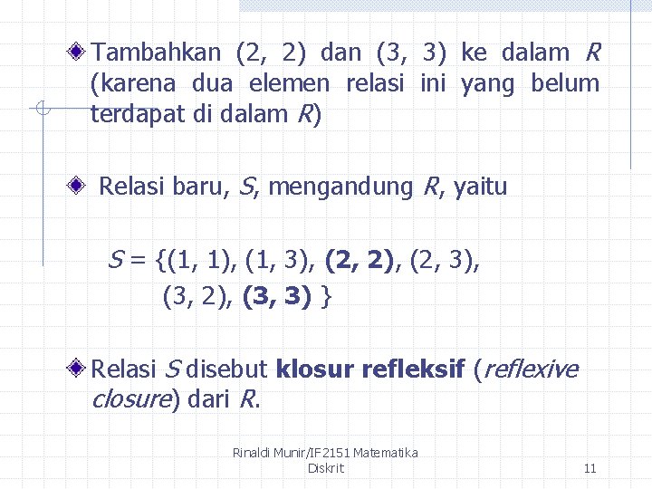 Tambahkan (2, 2) dan (3, 3) ke dalam R (karena dua elemen relasi ini