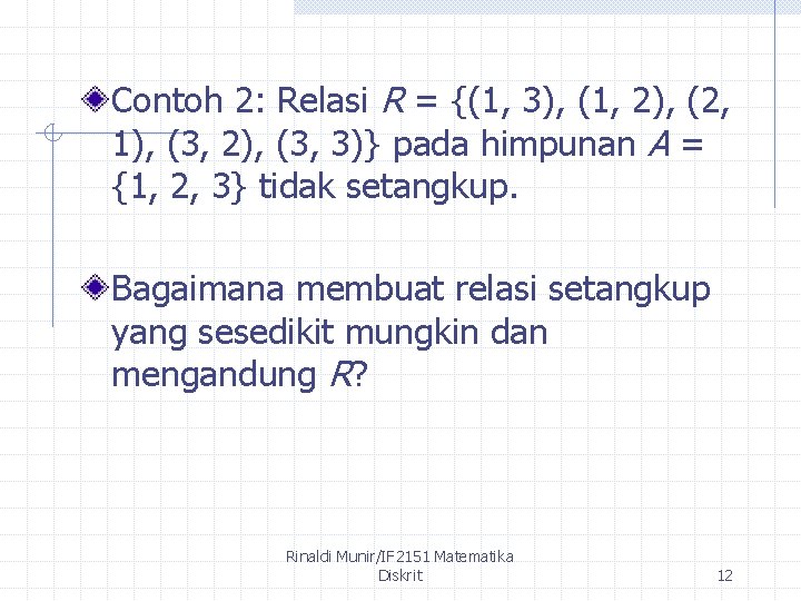 Contoh 2: Relasi R = {(1, 3), (1, 2), (2, 1), (3, 2), (3,