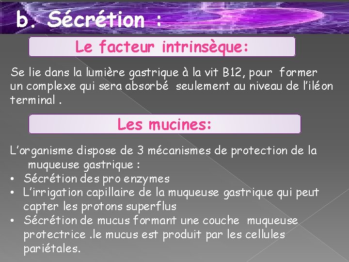 b. Sécrétion : Le facteur intrinsèque: Se lie dans la lumière gastrique à la