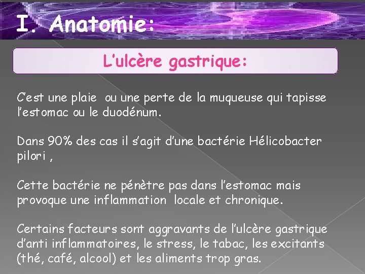 I. Anatomie: L’ulcère gastrique: C’est une plaie ou une perte de la muqueuse qui