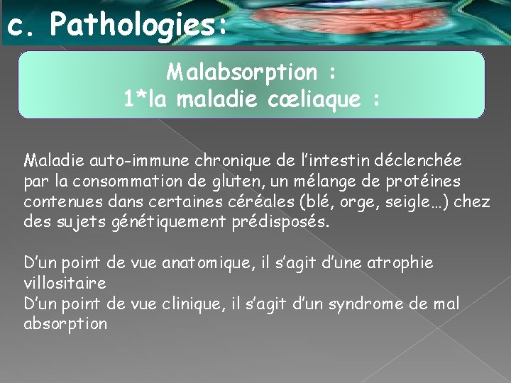 c. Pathologies: Malabsorption : 1*la maladie cœliaque : Maladie auto-immune chronique de l’intestin déclenchée