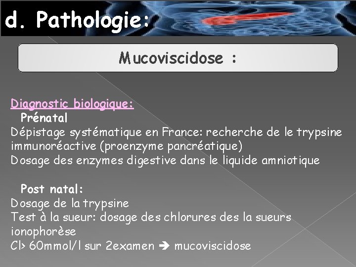 d. Pathologie: Mucoviscidose : Diagnostic biologique: Prénatal Dépistage systématique en France: recherche de le