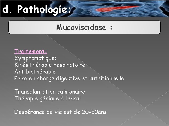 d. Pathologie: Mucoviscidose : Traitement: Symptomatique: Kinésithérapie respiratoire Antibiothérapie Prise en charge digestive et