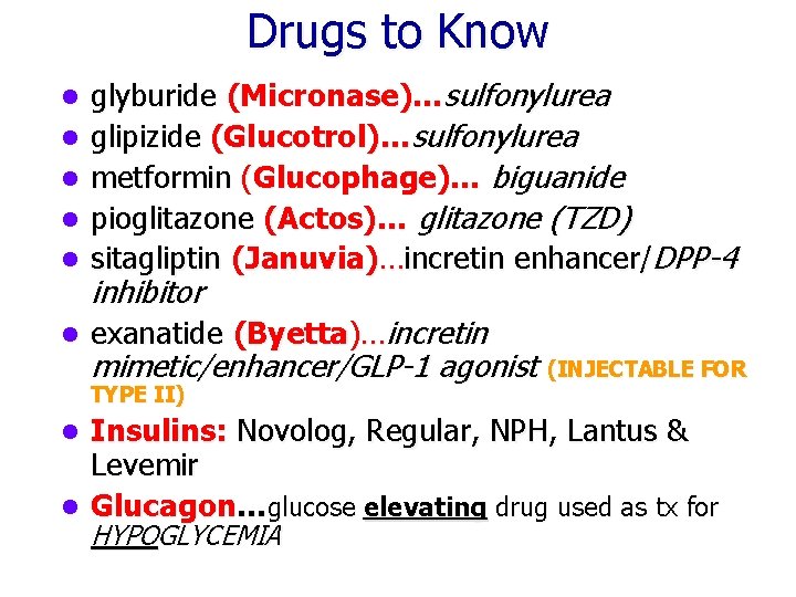 Drugs to Know l glyburide (Micronase)…sulfonylurea glipizide (Glucotrol)…sulfonylurea metformin (Glucophage)… biguanide pioglitazone (Actos)… glitazone