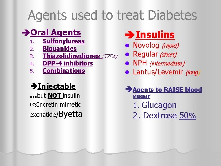 Agents used to treat Diabetes Oral Agents 1. 2. 3. 4. 5. Sulfonylureas Biguanides