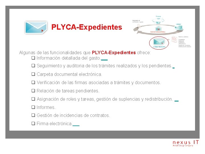 PLYCA-Expedientes Algunas de las funcionalidades que PLYCA-Expedientes ofrece: q Información detallada del gasto. q