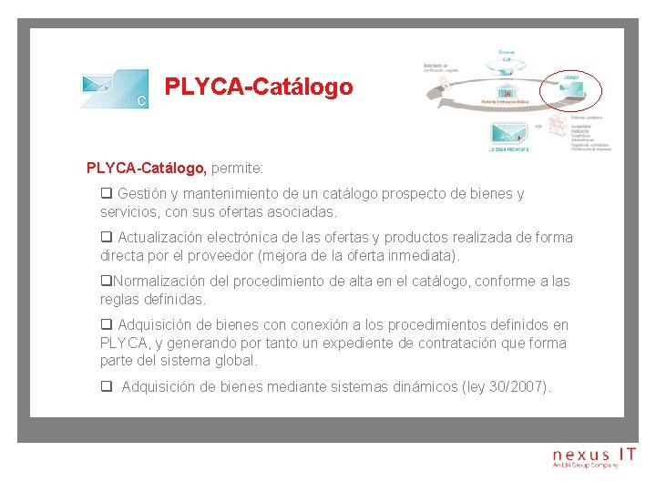 PLYCA-Catálogo, permite: q Gestión y mantenimiento de un catálogo prospecto de bienes y servicios,