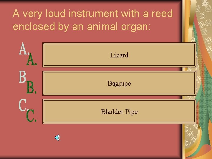 A very loud instrument with a reed enclosed by an animal organ: Lizard Bagpipe