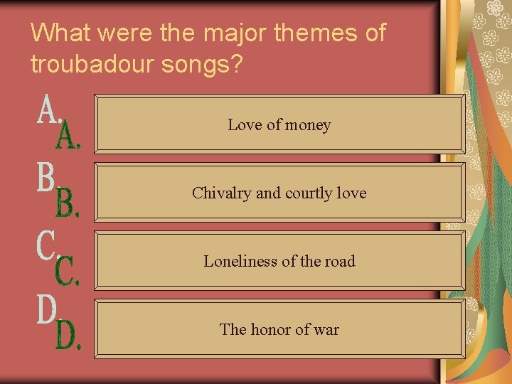 What were the major themes of troubadour songs? Love of money Chivalry and courtly