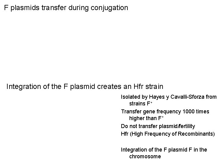 F plasmids transfer during conjugation Integration of the F plasmid creates an Hfr strain