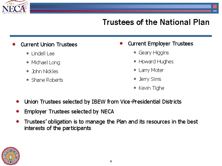 Trustees of the National Plan • • Current Union Trustees • • Current Employer