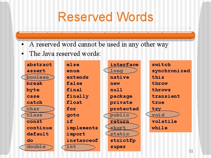 Reserved Words • A reserved word cannot be used in any other way •