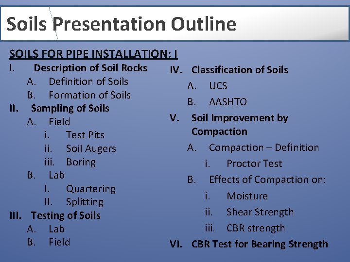 Soils Presentation Outline SOILS FOR PIPE INSTALLATION: I I. Description of Soil Rocks A.