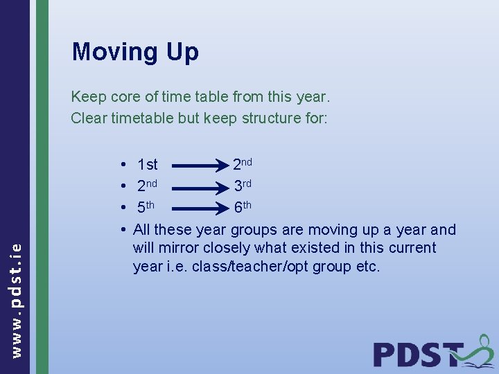 Moving Up Keep core of time table from this year. Clear timetable but keep