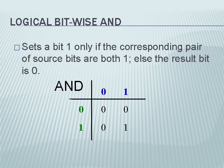 LOGICAL BIT-WISE AND � Sets a bit 1 only if the corresponding pair of