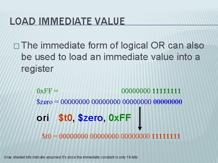 LOAD IMMEDIATE VALUE � The immediate form of logical OR can also be used