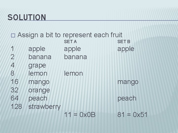 SOLUTION � Assign a bit to represent each fruit SET A 1 2 4