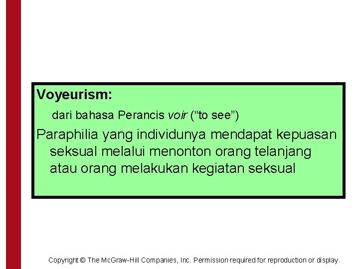 Voyeurism: dari bahasa Perancis voir (“to see”) Paraphilia yang individunya mendapat kepuasan seksual melalui