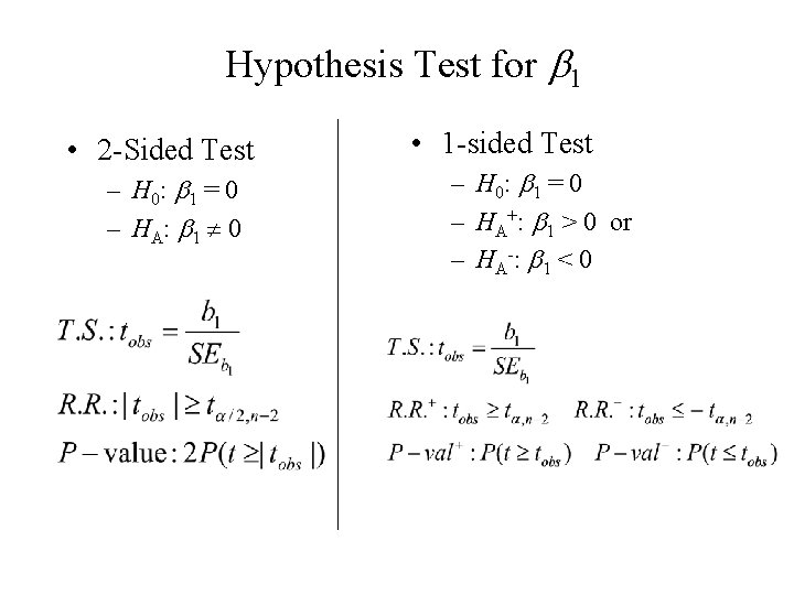 Hypothesis Test for b 1 • 2 -Sided Test – H 0: b 1