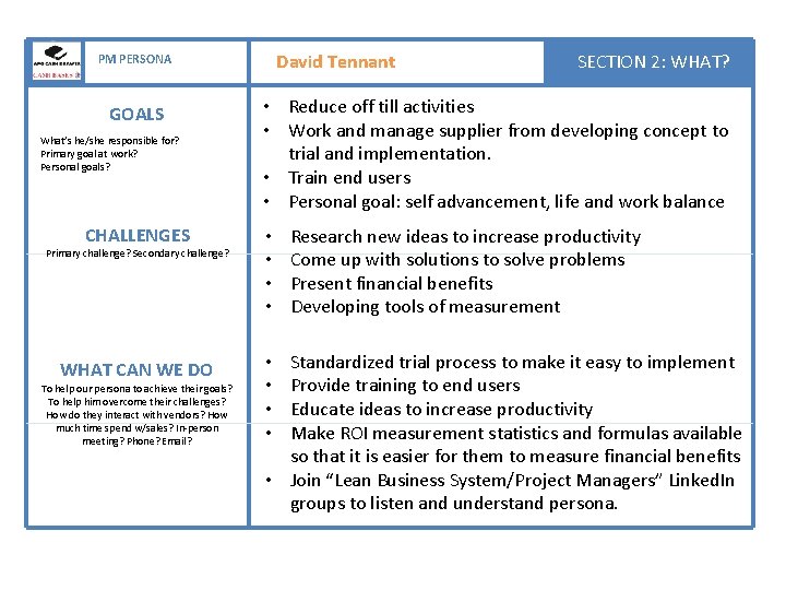 David Tennant PM PERSONA NAME GOALS What’s he/she responsible for? Primary goal at work?
