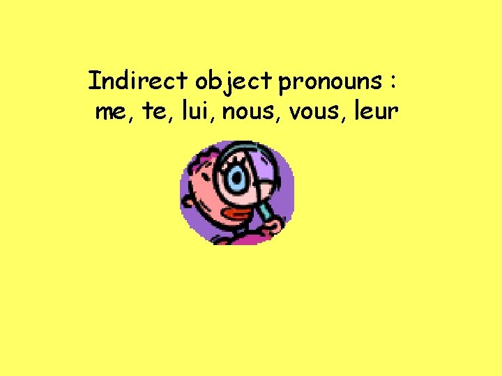 Indirect object pronouns : me, te, lui, nous, vous, leur 