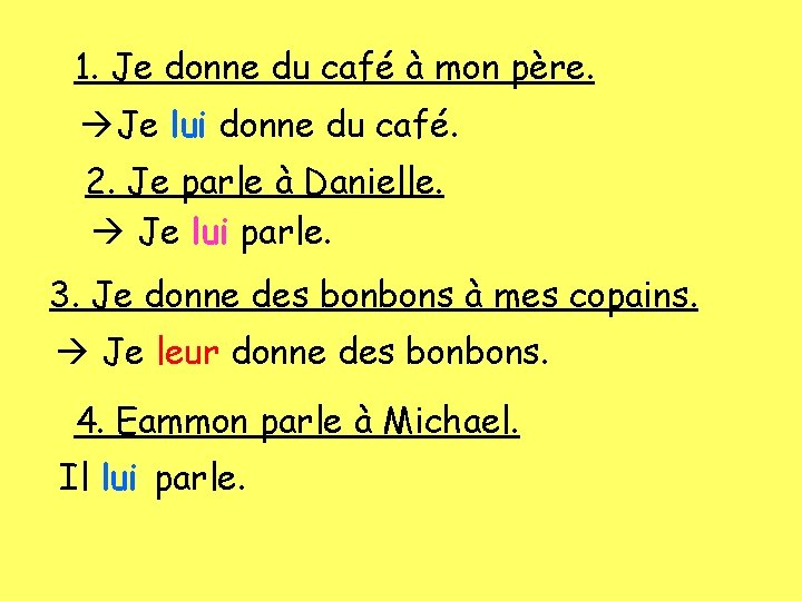 1. Je donne du café à mon père. Je lui donne du café. 2.