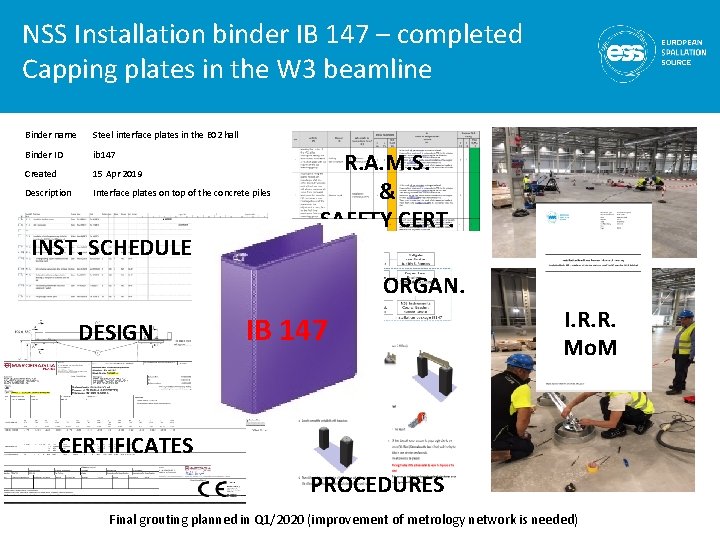 NSS Installation binder IB 147 – completed Capping plates in the W 3 beamline