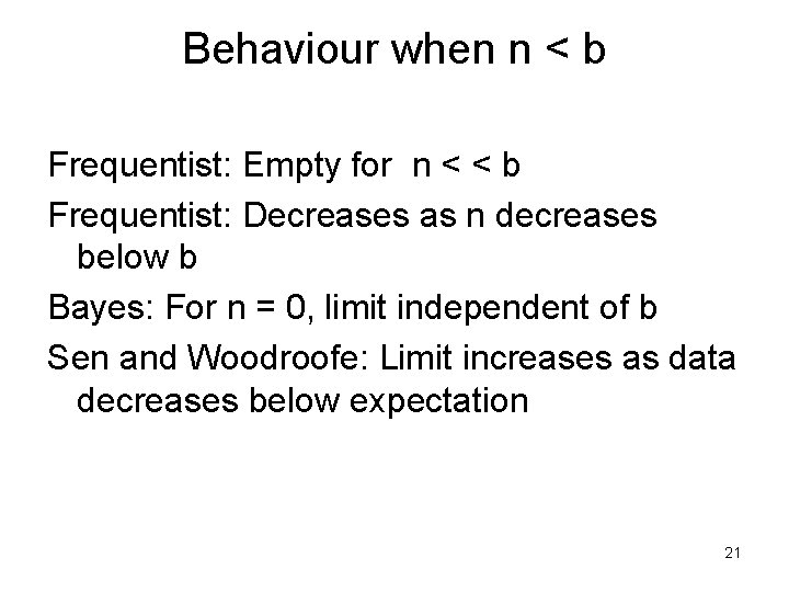 Behaviour when n < b Frequentist: Empty for n < < b Frequentist: Decreases