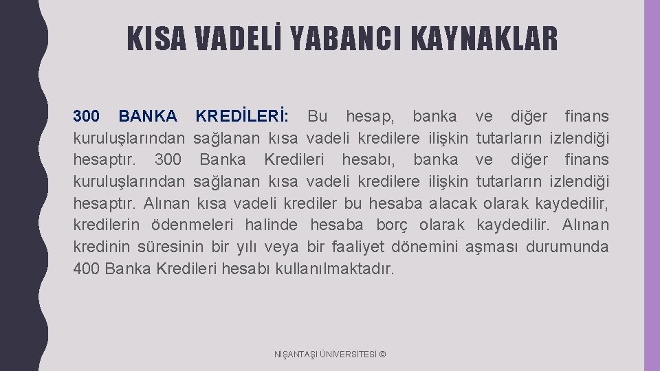 KISA VADELİ YABANCI KAYNAKLAR 300 BANKA KREDİLERİ: Bu hesap, banka ve diğer finans kuruluşlarından