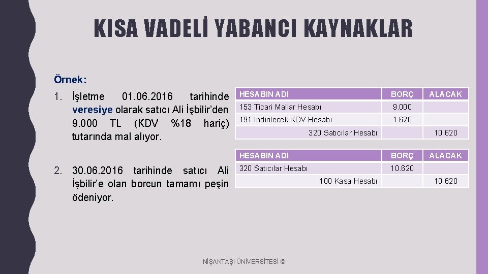 KISA VADELİ YABANCI KAYNAKLAR Örnek: 1. İşletme 01. 06. 2016 tarihinde veresiye olarak satıcı