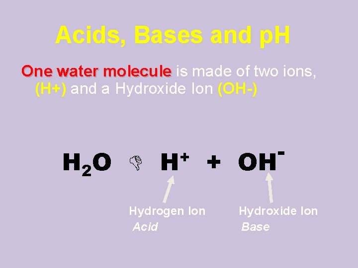 Acids, Bases and p. H One water molecule is made of two ions, (H+)