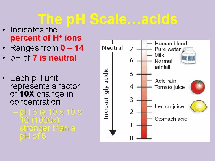 The p. H Scale…acids • Indicates the percent of H+ ions • Ranges from