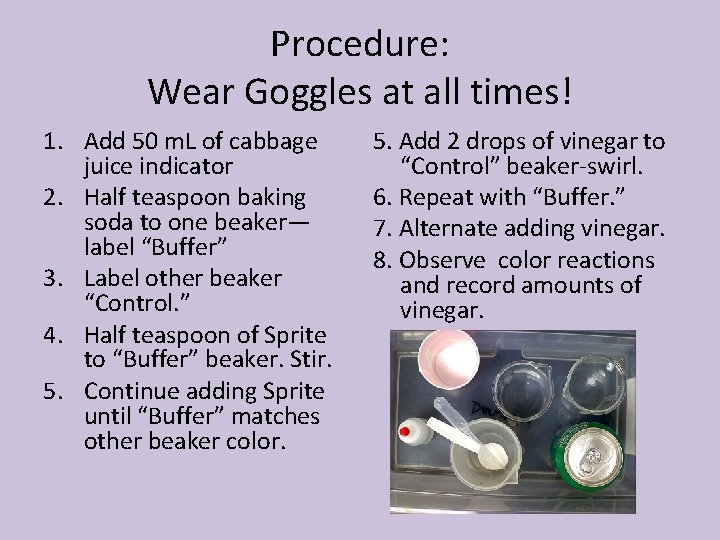 Procedure: Wear Goggles at all times! 1. Add 50 m. L of cabbage juice