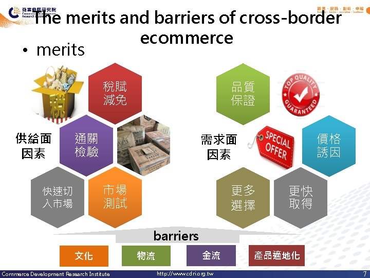 The merits and barriers of cross-border ecommerce • merits 稅賦 減免 供給面 因素 品質