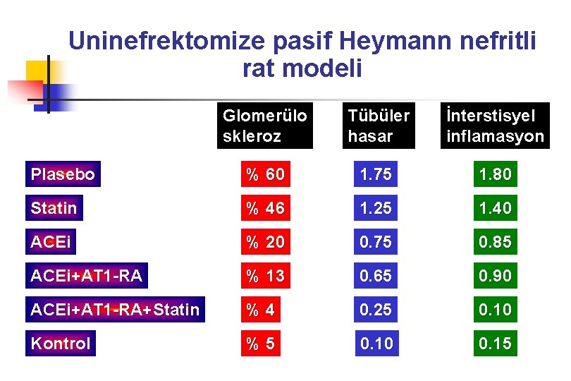 Uninefrektomize pasif Heymann nefritli rat modeli Glomerülo skleroz Tübüler hasar İnterstisyel inflamasyon Plasebo %