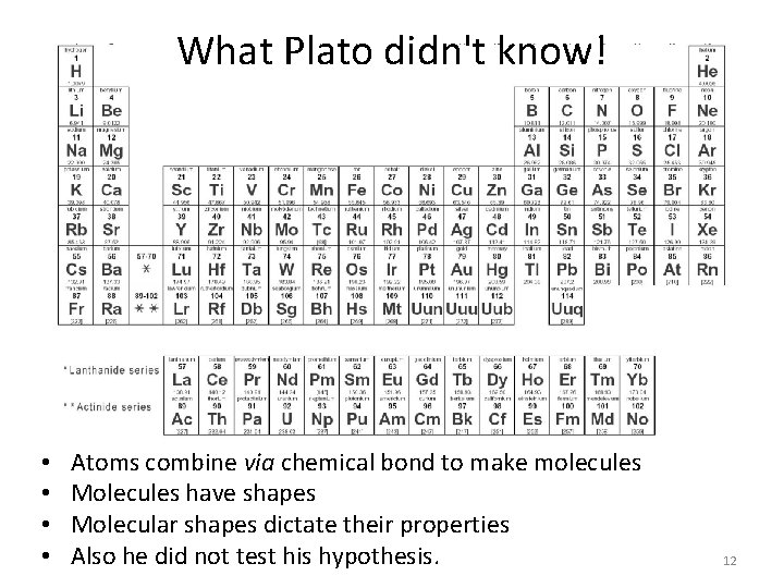 What Plato didn't know! • • Atoms combine via chemical bond to make molecules