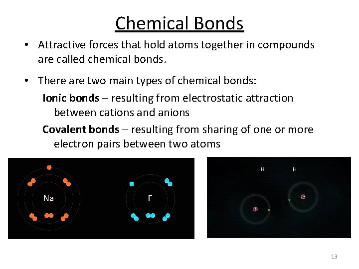 Chemical Bonds • Attractive forces that hold atoms together in compounds are called chemical