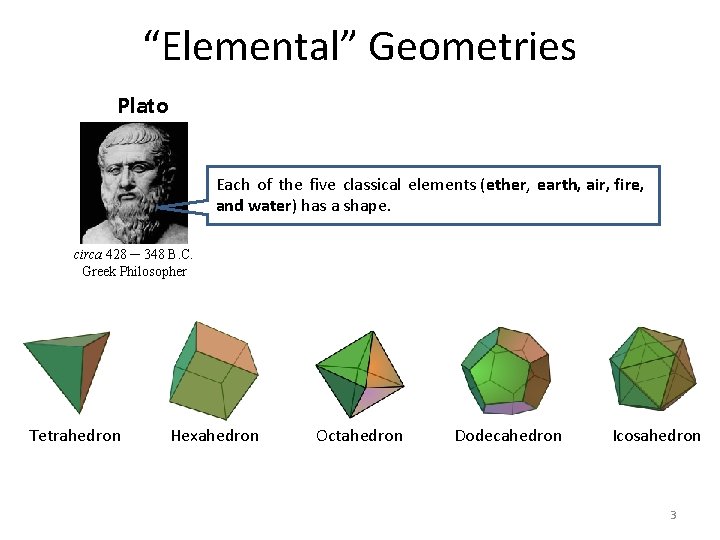 “Elemental” Geometries Plato Each of the five classical elements (ether, earth, air, fire, and