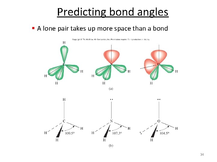 Predicting bond angles § A lone pair takes up more space than a bond
