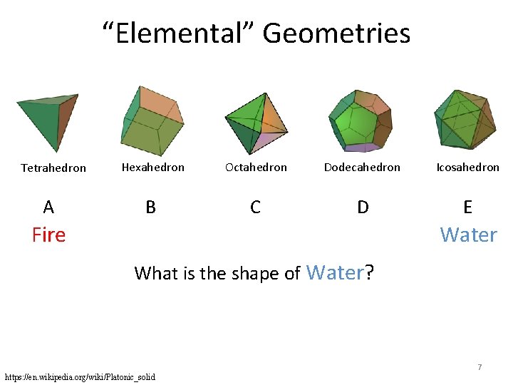 “Elemental” Geometries Tetrahedron A Hexahedron Octahedron Dodecahedron Icosahedron B C D E Water Fire