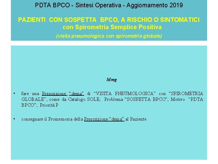 PDTA BPCO - Sintesi Operativa - Aggiornamento 2019 PAZIENTI CON SOSPETTA BPCO, A RISCHIO