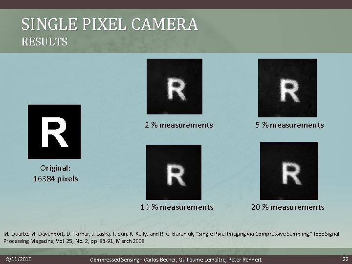 SINGLE PIXEL CAMERA RESULTS 2 % measurements 5 % measurements 10 % measurements 20