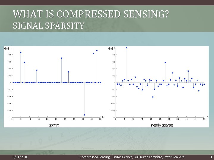 WHAT IS COMPRESSED SENSING? SIGNAL SPARSITY 8/11/2010 Compressed Sensing - Carlos Becker, Guillaume Lemaître,