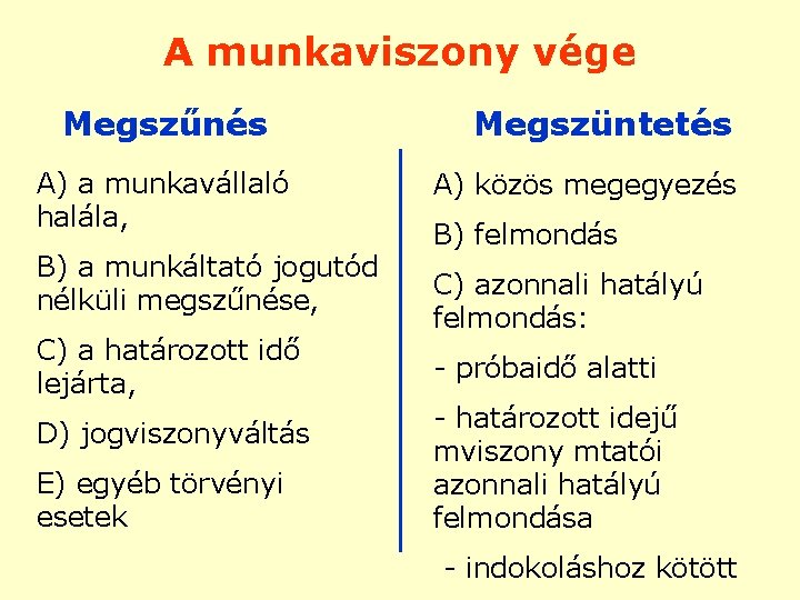 A munkaviszony vége Megszűnés A) a munkavállaló halála, B) a munkáltató jogutód nélküli megszűnése,