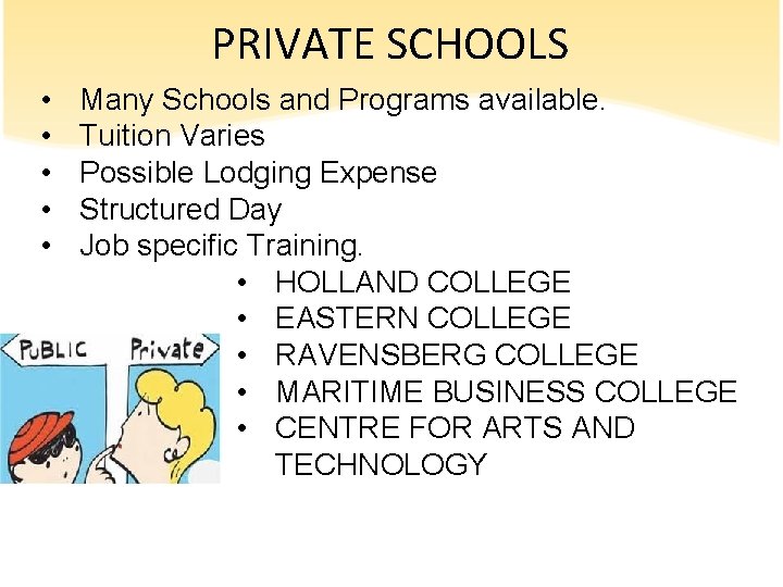 PRIVATE SCHOOLS • • • Many Schools and Programs available. Tuition Varies Possible Lodging