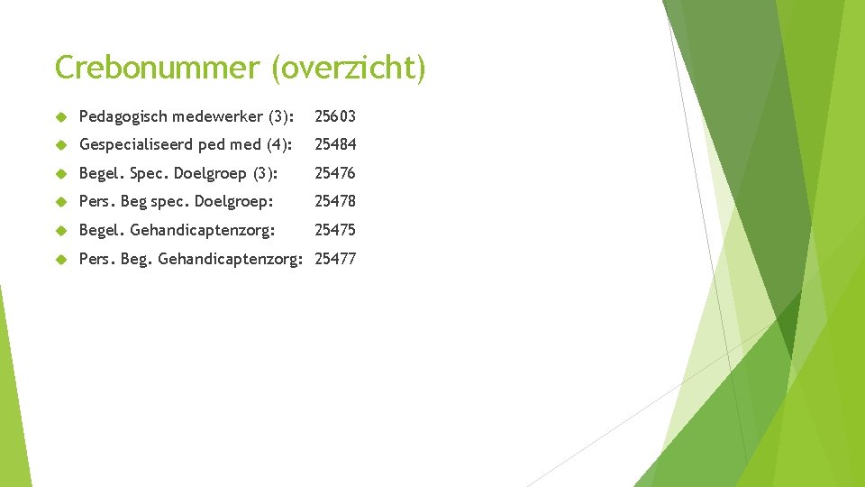 Crebonummer (overzicht) Pedagogisch medewerker (3): 25603 Gespecialiseerd ped med (4): 25484 Begel. Spec. Doelgroep