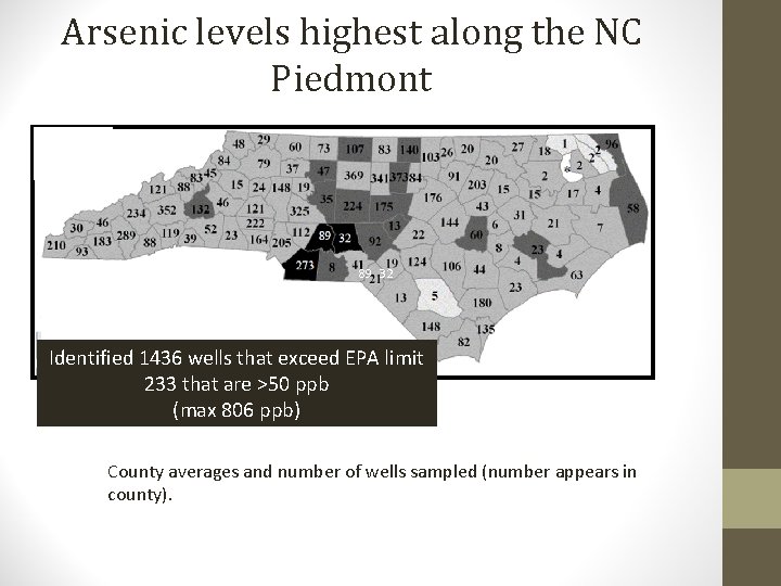 Arsenic levels highest along the NC Piedmont 89 32 273 Identified 1436 wells that Arsenic levels highest along the NC Piedmont 89 32 273 Identified 1436 wells that