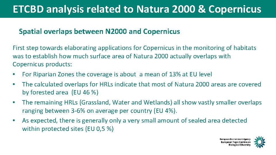 ETCBD analysis related to Natura 2000 & Copernicus Spatial overlaps between N 2000 and