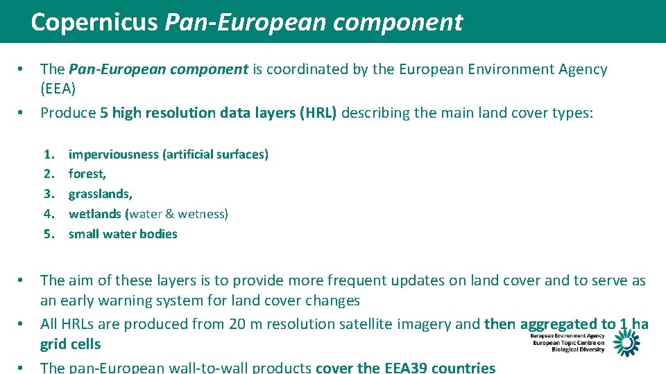 Copernicus Pan-European component • • The Pan-European component is coordinated by the European Environment