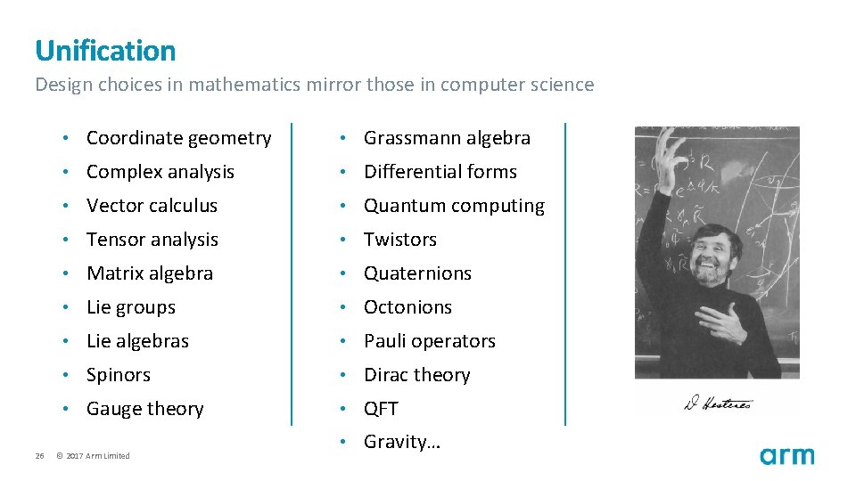 Unification Design choices in mathematics mirror those in computer science 26 • Coordinate geometry